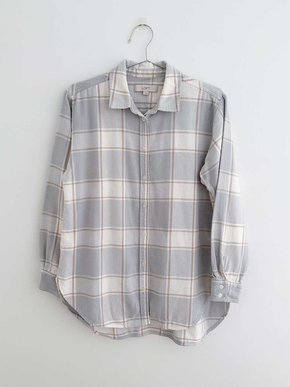 Soft Neutral Plaid Shirt 100% Cotton Flannel Button Down LOFT Size M Coastal